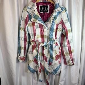 Deb Wool Blend Pea Coat Jacket Retro Plaid Colorful Pink/Cream/Blue Women's L
